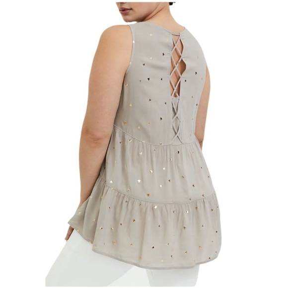 TORRID TAUPE HEARTS CHALLIS LATTICE BACK SLEEVELESS TUNIC TANK 3X - Picture 2 of 10